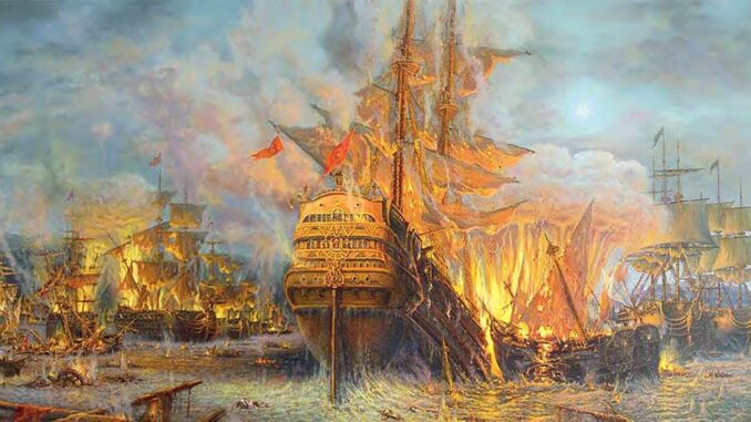 Морское Чесменское сражение 1770 года. Художник С.А. Панин, 2005 г.